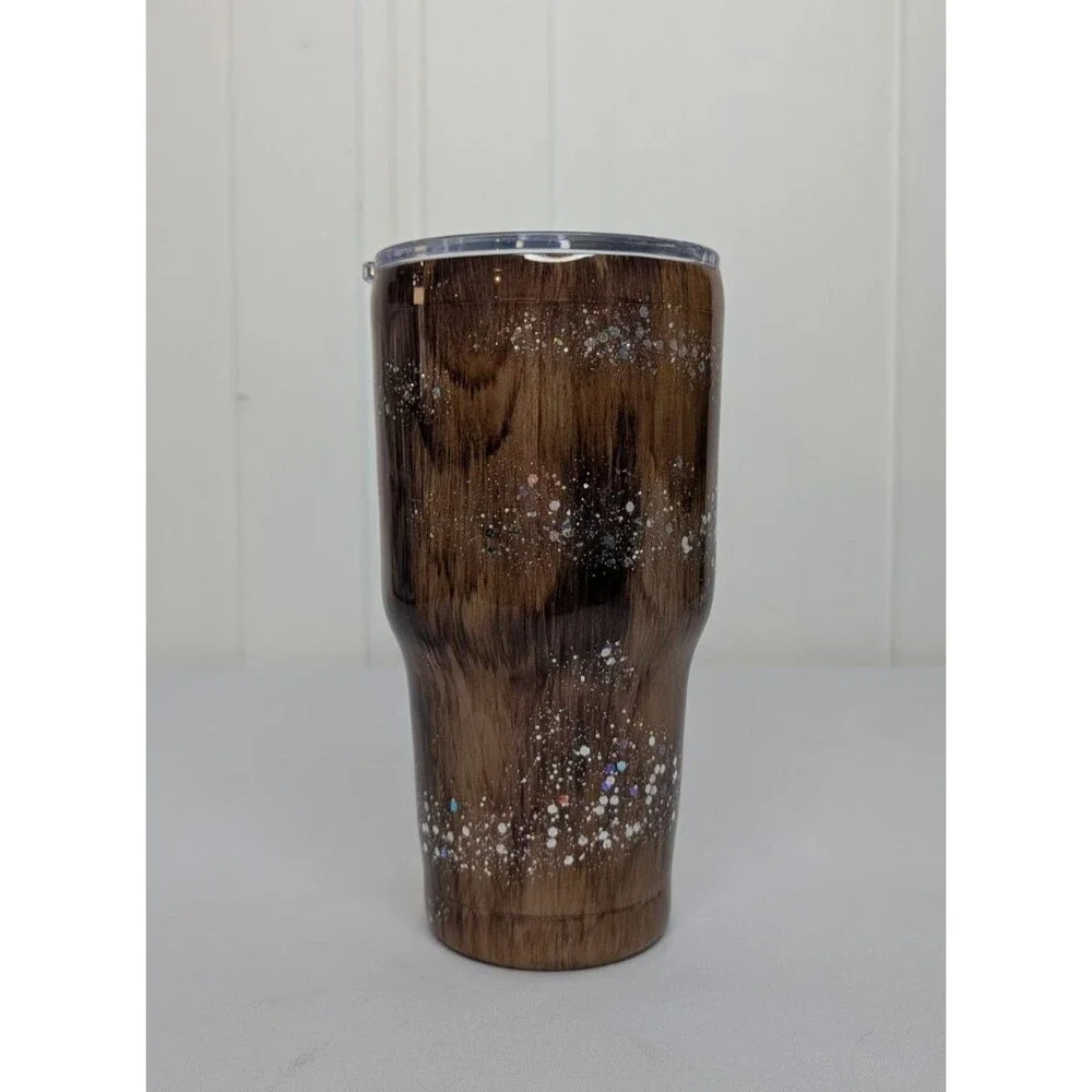 Handpainted Woodgrain Resin Tumbler - Light Brown & Silver Glitter,  30oz, New